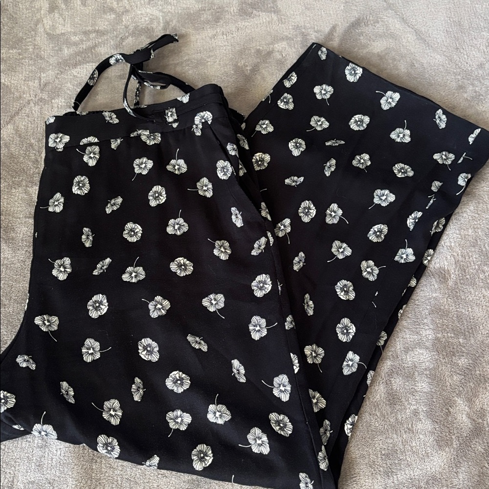 Talbots Twill Black Flower Deco Button Down Top Wide leg Pant Set Size XLp - Picture 10 of 16